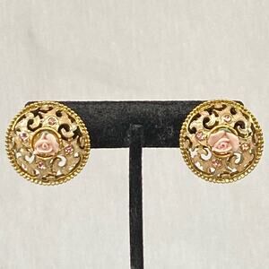 Victorian Style Earrings Tiny Ceramic Pink Rose In Ornate Gold Tone Metal Border